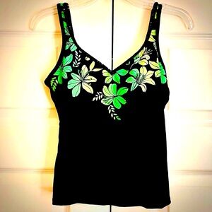 CHRISTINA SWIMWEAR Beaded Sequined Tropical Tankini Swim Top Black\Lime 10